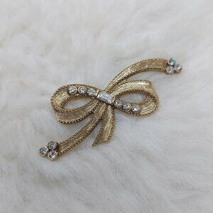 Vintage 1928 Gold Tone Rhinestone Bow Brooch Pin